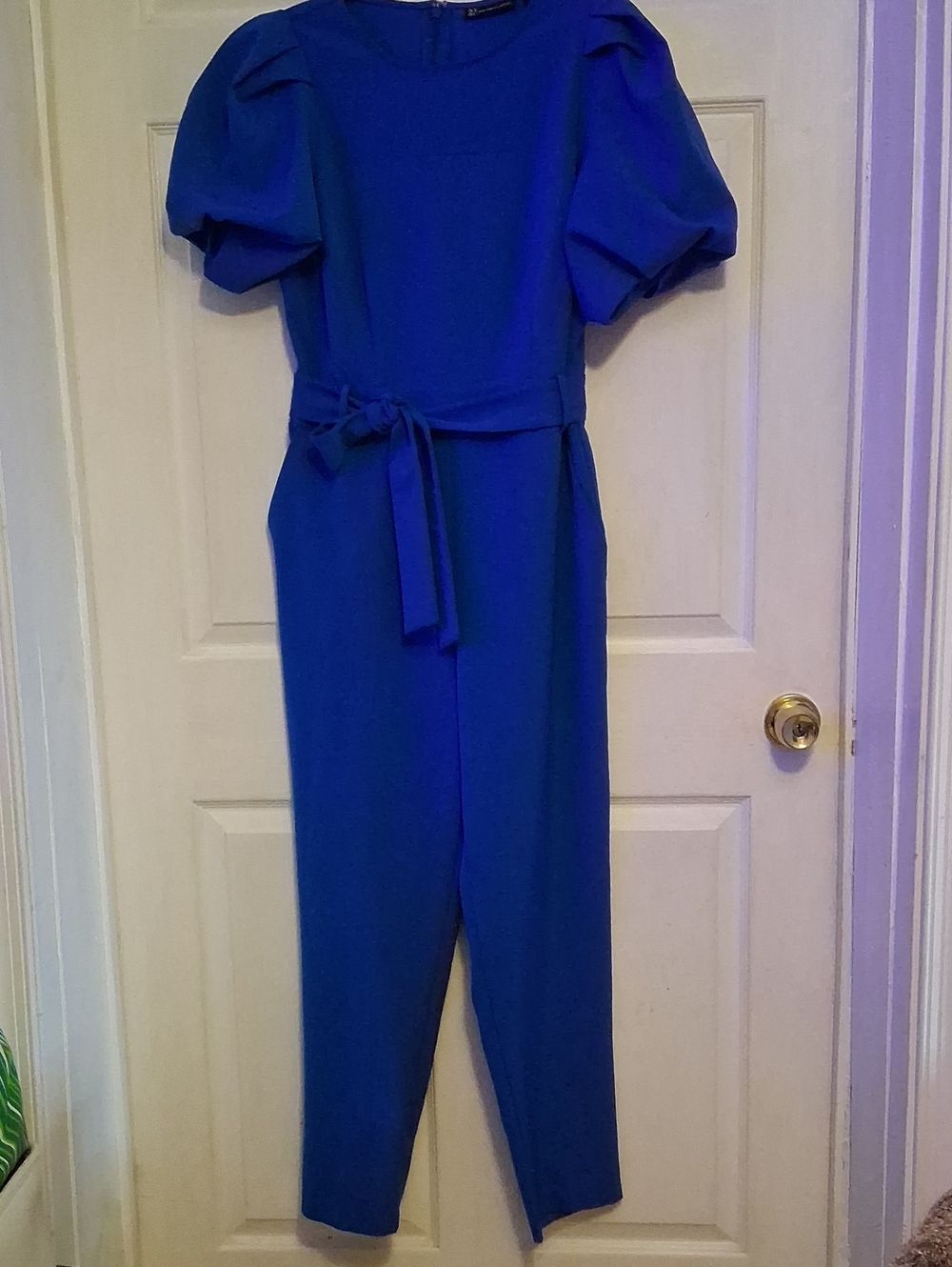 New York & Company Royal Blue Puff-Sleeve Jumpsuit with Waist Tie